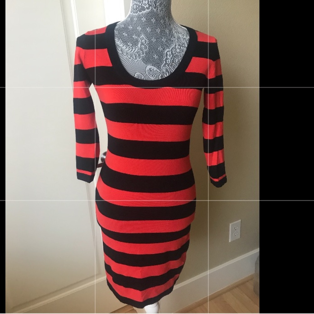 French Connection, black+orange stretch dress